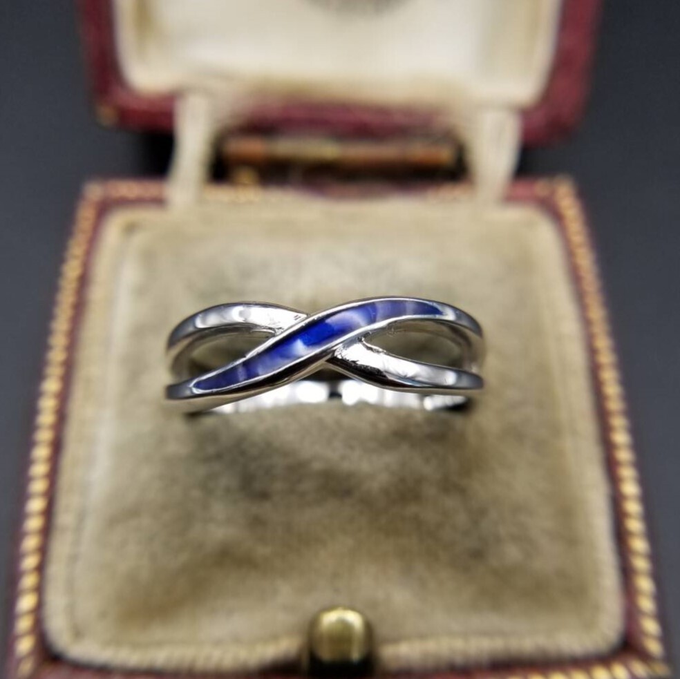 AVON ネイビー エナメル クロス リボン シンプル ヴィンテージ リング 指輪 シルバートーン ファッションジュエリー Y20-X拍卖