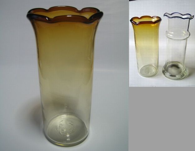 レア ベネチアングラス★フリル ガラス花瓶 一輪挿し クリアー・アンバー 吹きガラス 花瓶 花生 フラワーベース 高さ約23cm★ムラーノ拍卖