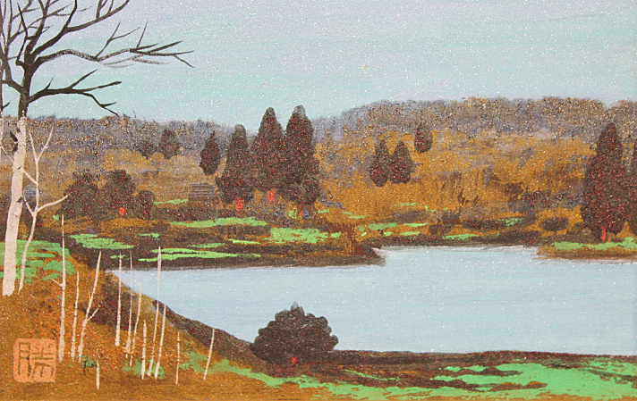 ■☆中路融人(勝博)■ 【山湖】 日本画 0号 印章 共シール有り 真作保証有り拍卖