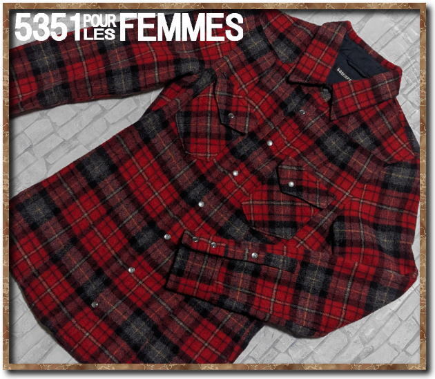 美品!!☆5351 POUR LES FEMMES プーラファム ウール起毛チェックウエスタンシャツ 赤系☆拍卖