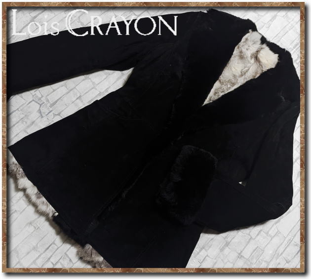 ☆Lois CRAYON ロイスクレヨン ラビットファー使い豚革レザーコート 黒☆拍卖