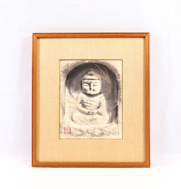 真作 穐月明 水墨「野の佛」画19×24cm 2号 和歌山県出身 孤高の画家 潤いに満ちた水墨の濃淡世界 慈悲深く穏やかなお顔のお地蔵さま 10423拍卖