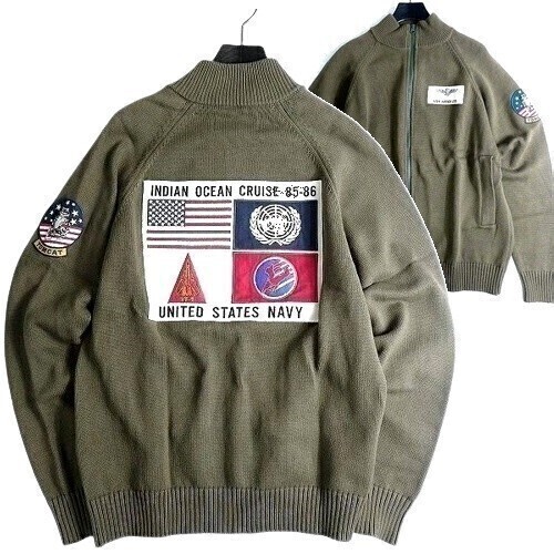 □アヴィレックス 定価1.8万 TOP GUN ワッペンデザイン フルジップ ニットブルゾン ドライバーズニット 3140005 310 M▲036▼bus187us拍卖