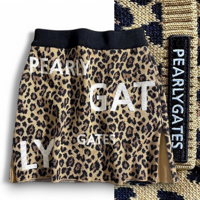 PEARLY GATES パーリーゲイツ 定価3.5万 日本製 ウール混ニット ヒョウ柄 ミニスカート ゴルフ レディース 2234032 051 0 ▲039▼50218w03拍卖