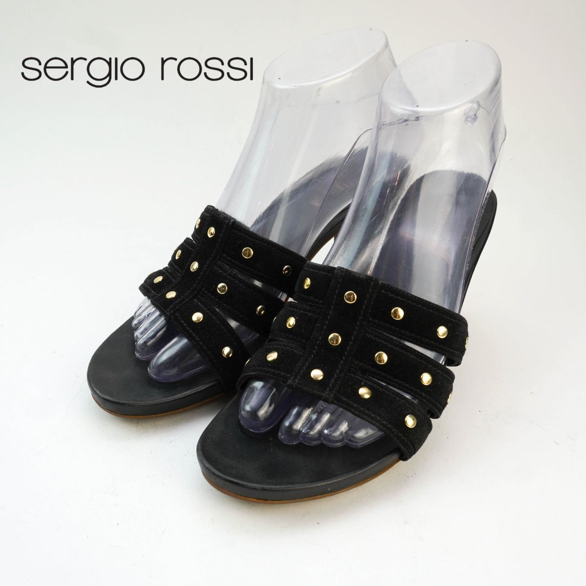 美品 Sergio Rossi セルジオロッシ 36 1/2 23.5 スタッズサンダル ミュール ヒール イタリア製 スエード 黒 ブラック/YC29拍卖