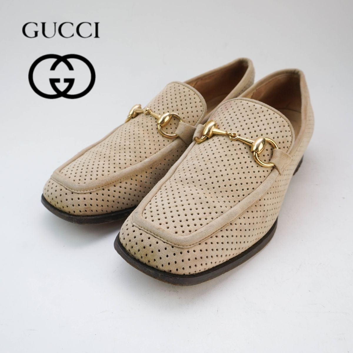 GUCCI グッチ 37 1/2 C 24.5 ローファー ホースビット パンチング レザー ゴールド金具 イタリア製 ベージュ /YC17拍卖