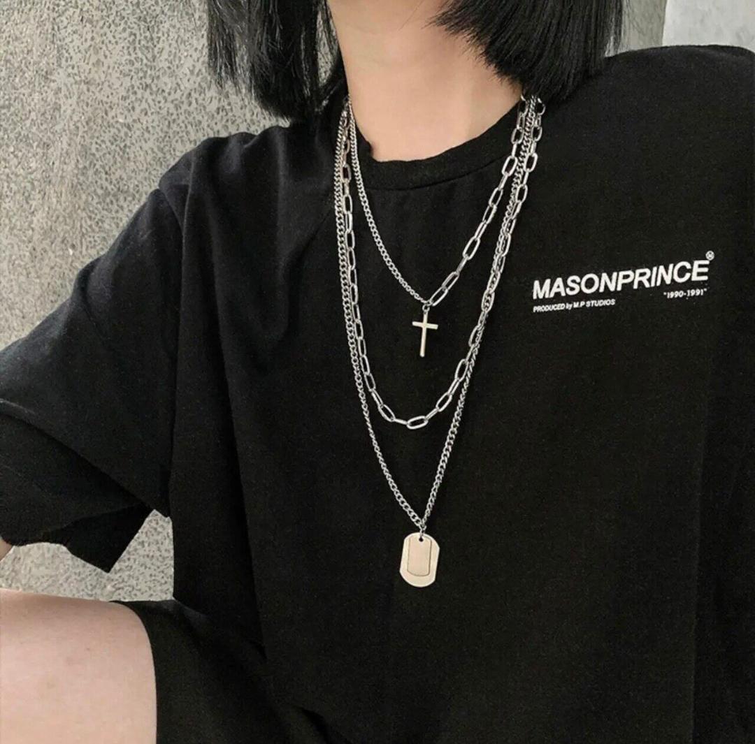 3連ネックレス クロス プレート チェーン ユニセックス拍卖