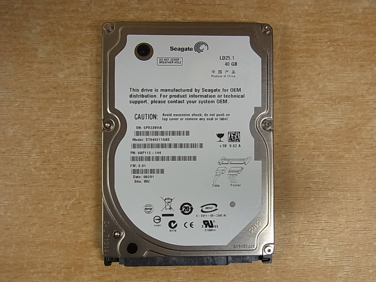 △B/102●シーゲート Seagate☆2.5インチHDD(ハードディスク)☆40GB SATA150 5400rpm☆ST9402115AS☆中古品拍卖