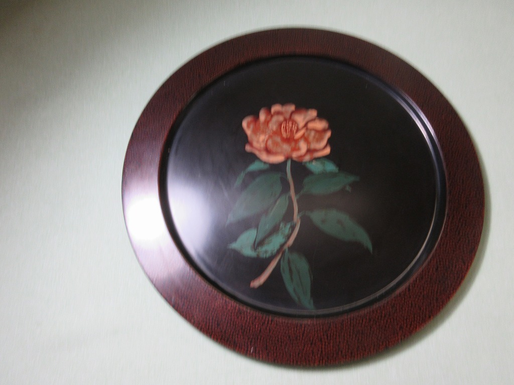 20200211 古い津軽塗り ななこ塗り 薔薇の図 飾り皿 お盆 木製拍卖