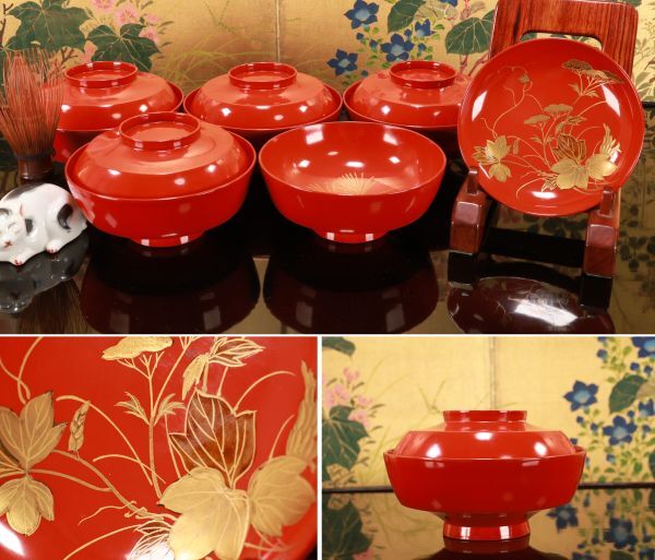 時代輪島塗 草花蒔絵 吸物椀 五客 木製 茶道具 懐石 会席 菓子 BJ134 拍卖