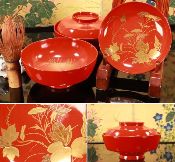 時代輪島塗 草花蒔絵 吸物椀 二客 木製 茶道具 懐石 会席 菓子 BJ135拍卖