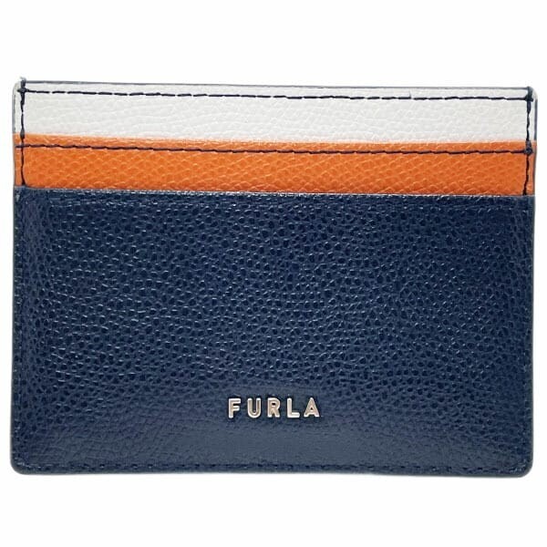 14150 フルラ カードケース トリコロールカラー ロゴ カードホルダー レザー 革 ネイビー 紺 オレンジ アイボリー系拍卖