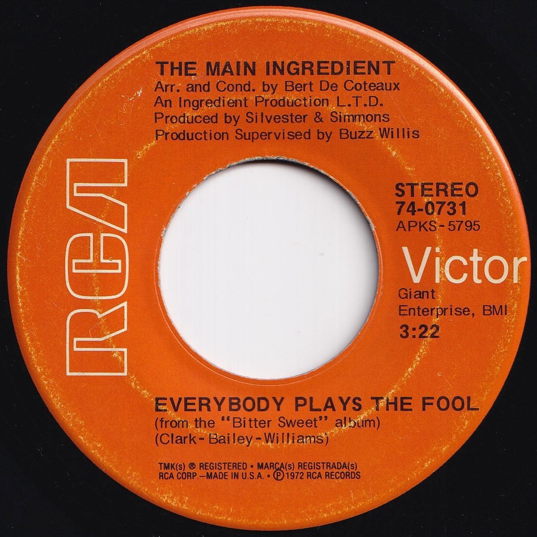 Main Ingredient Everybody Plays The Fool / Who Can I Turn To RCA Victor US 74-0731 209845 SOUL ソウル レコード 7インチ 45拍卖