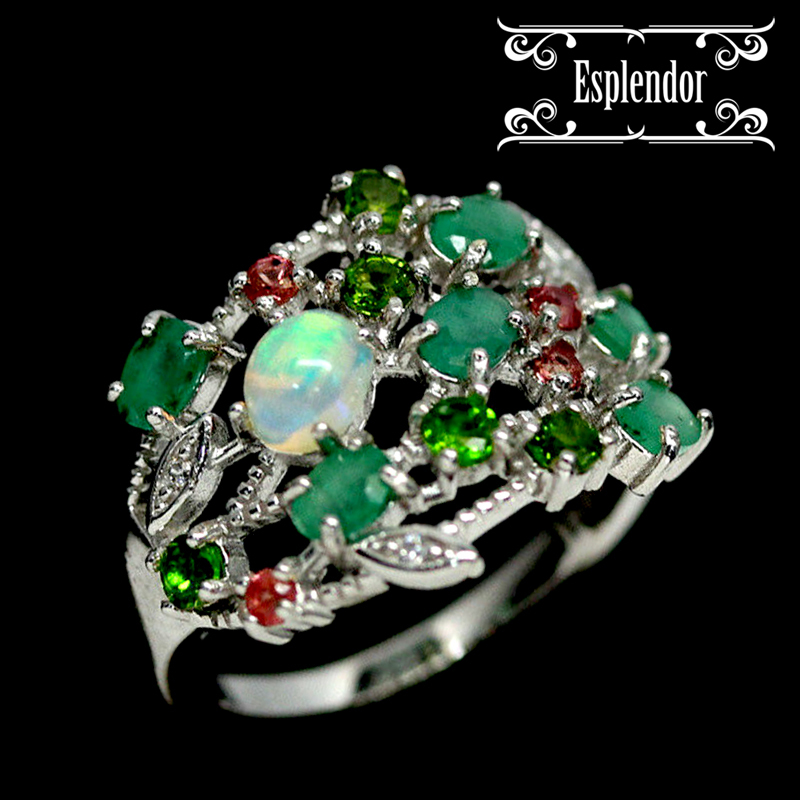 天然エメラルド エチオピアンオパール ツァボライトガーネット ロードライトガーネット デザインシルバーリング 11号 拍卖