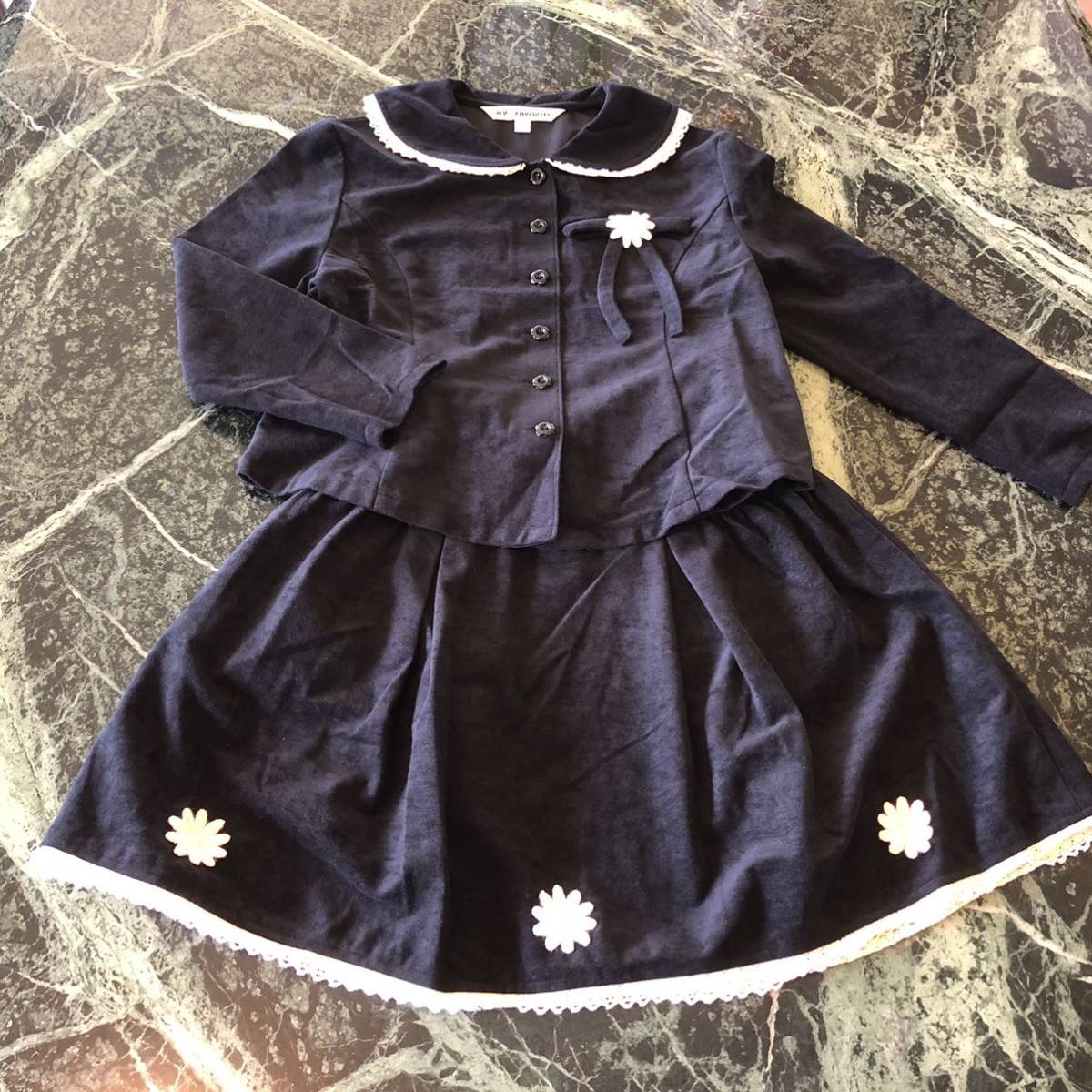 【美品】MY FAVORITE★子供服 フォーマルスーツ 入学式 130cm キッズ 発表会 セットアップ 黒 セーラーカラー ベロア調 スカート拍卖