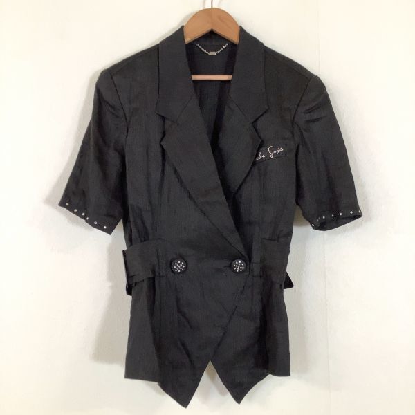 【爽やかな高級リネン100%】美品 伊太利屋 イタリヤ リネン デザイン テーラードジャケット 半袖 レディース 7A2 S ブラック ダークグレー拍卖
