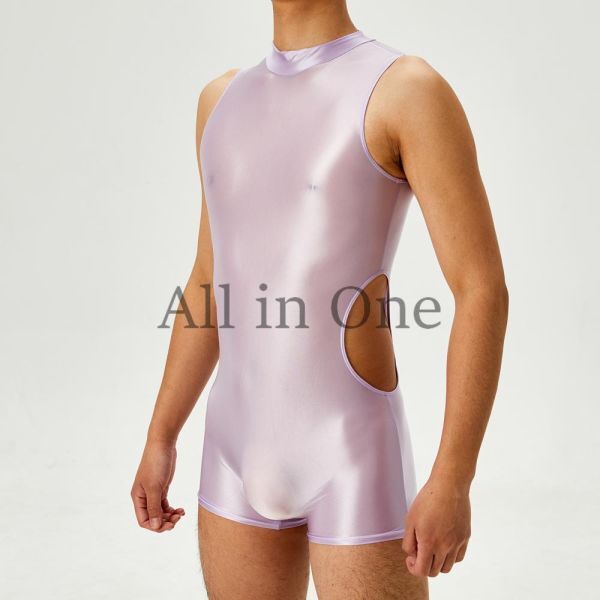 169-220-25 メンズ ツヤツヤ サイドカット ジャンプスーツ【パープル,Lサイズ】男性 コスプレ 光沢 サテン セクシー ボディスーツ .2拍卖