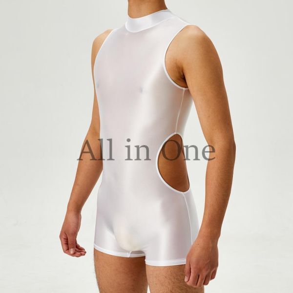 169-202-25 メンズ ツヤツヤ サイドカット ジャンプスーツ【ホワイト,Lサイズ】男性 コスプレ 光沢 サテン セクシー ボディスーツ .2拍卖