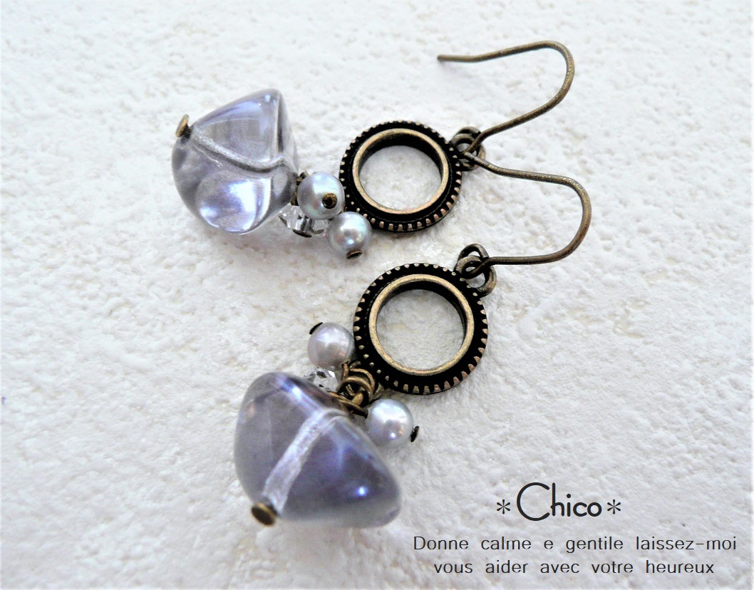 ■チェコブルー・シルバー淡水パール・クリスタル&金古美リング ハンドメイドピアス ♪ ★2点以上送料無料!★拍卖