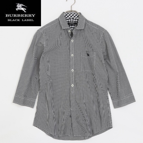 美品◆BURBERRY BLACK LABEL バーバリー ブラックレーベル ギンガムチェック柄 ストレッチ ロゴ刺繍 七分袖 シャツ ブラック×ホワイト 2拍卖