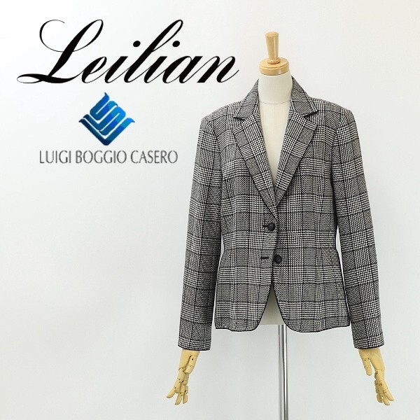 ◆Leilian レリアン LUIGI BOGGIO CASERO生地 チェック柄 ウール ツイード 2釦 ジャケット ブラック×ホワイト 9拍卖