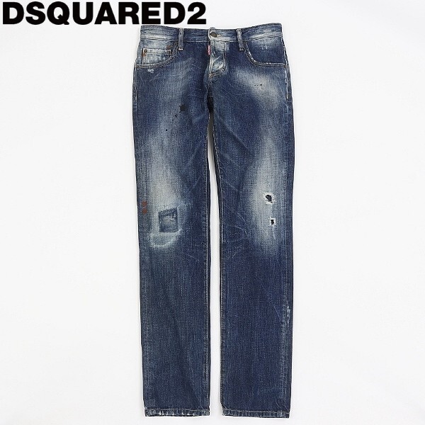 国内正規品◆DSQUARED2 ディースクエアード ダメージ ペイント加工 ワッペン付 デニム パンツ ジーンズ インディゴブルー 44拍卖