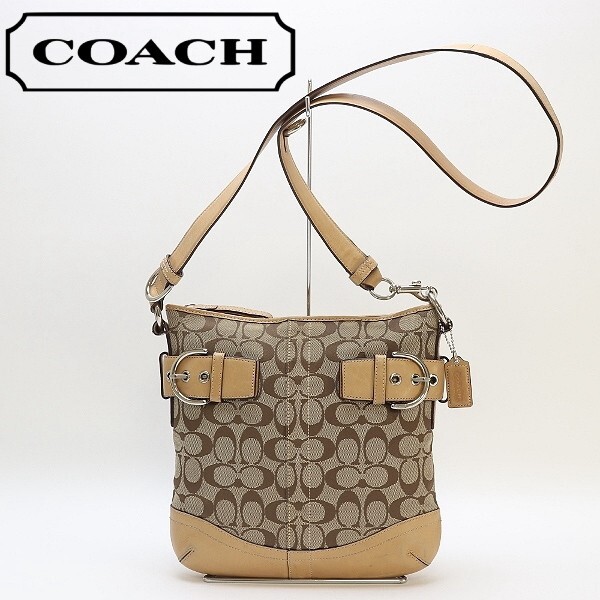 ◆COACH コーチ F03574 キャンバス×レザー シグネチャー柄 斜め掛け 肩掛け ショルダー バッグ ベージュ拍卖