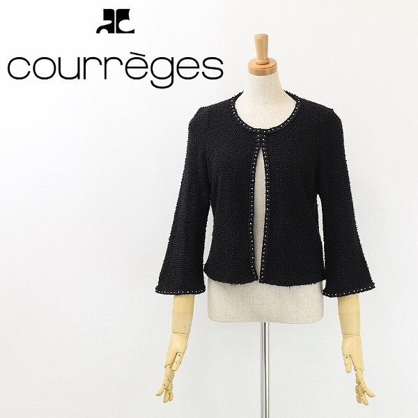 ◆courreges クレージュ テープ使い ビーズ装飾 ブークレニット カーディガン 黒 ブラック 38拍卖