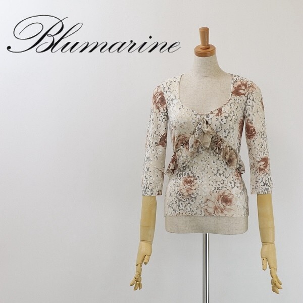 ◆Blumarine ブルマリン 花 総柄 シルクシフォンフリル 七分袖 レーヨンニット トップス 38拍卖