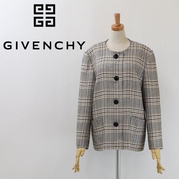 ヴィンテージ◆GIVENCHY ジバンシィ グレンチェック柄 シルク&ウール ツイード ノーカラー ジャケット 13 大きいサイズ拍卖