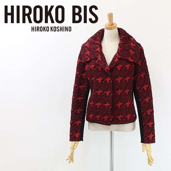 ◆HIROKO BIS ヒロコ ビス ストレッチ サイドリブニット 切替 ビッグカラー ジャケット レッド×ブラック 9拍卖