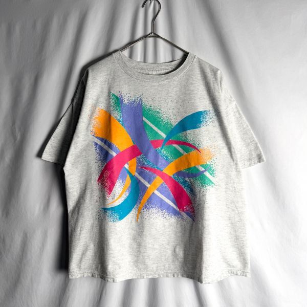 USA製 90s アブストラクト グラフィック プリント Tシャツ ONESIZE ショート ワイド 80s シングルステッチ ビンテージ拍卖