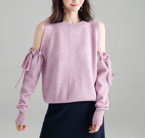 リボンが可愛い オープンショルダー ニット SAISON DE PAPILLON ピンク拍卖