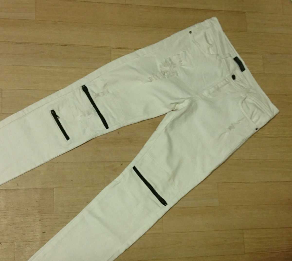 ZARA MAN メンズ バイカーパンツ ホワイトデニム ジップ付き ストレッチ素材 00.23021650拍卖