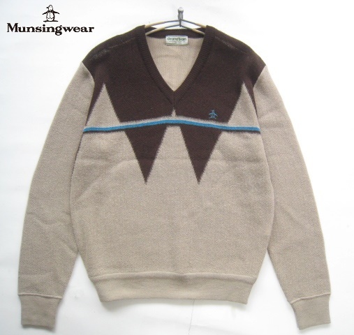 美品!!MUNSINGWEAR マンシングウェア*ペンギンロゴ刺繍 Vネックウールニットセーター 2 実寸M 茶×サンドベージュ拍卖