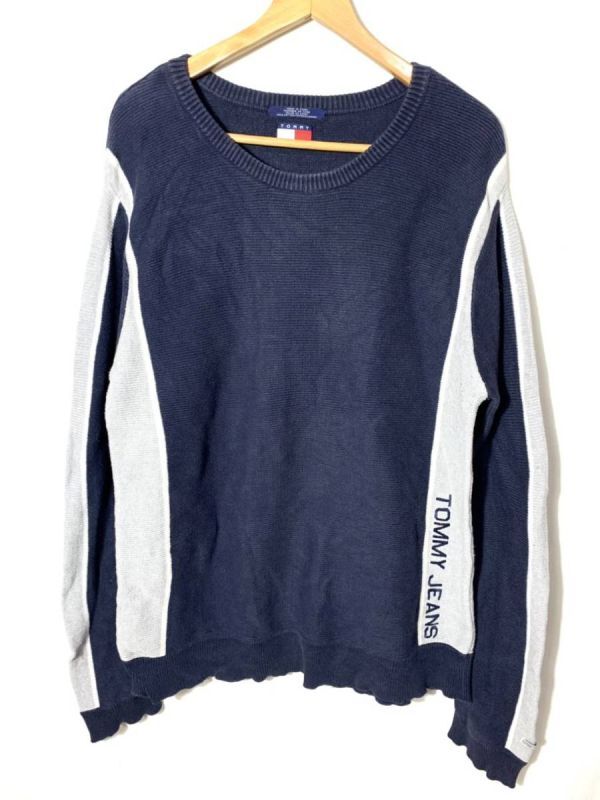 ■ 大きめサイズ トミージーンズ 切り替えし 袖ライン コットン ニット セーター ネイビー×グレー TOMMY JEANS インナー アメカジ 古着 ■拍卖