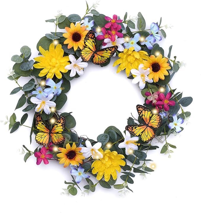 Valery Madelyn フラワーリース 玄関用 造花 カラフル デイジー オレンジ色の蝶 青黄白 玄関飾り LEDライト インテリア イベント 店舗装飾拍卖