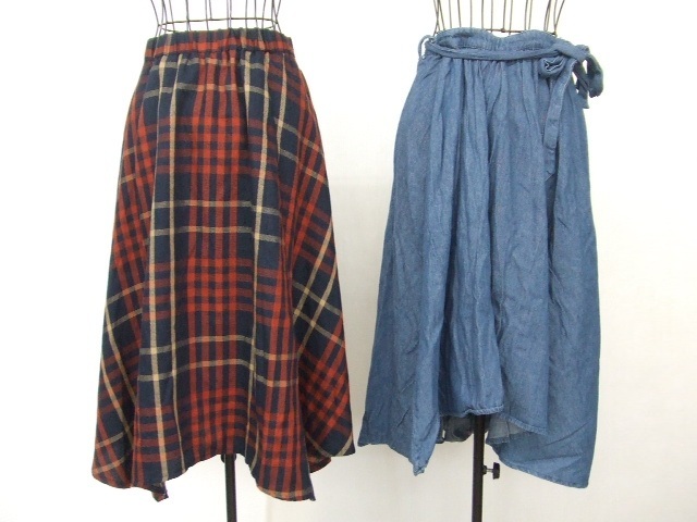 【お買得!】★ロング丈スカート2点セット★①DRESKIP/チェック柄/紺×茶 ②INGNI/青/デニム風 Mサイズ ウエストゴム拍卖