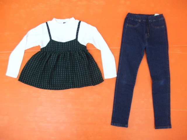 【お買得】★女の子カジュアル上下セット★130サイズ ①party pick/長袖カットソー/白・チェック柄 ②西松屋/ジーンズ/青系拍卖