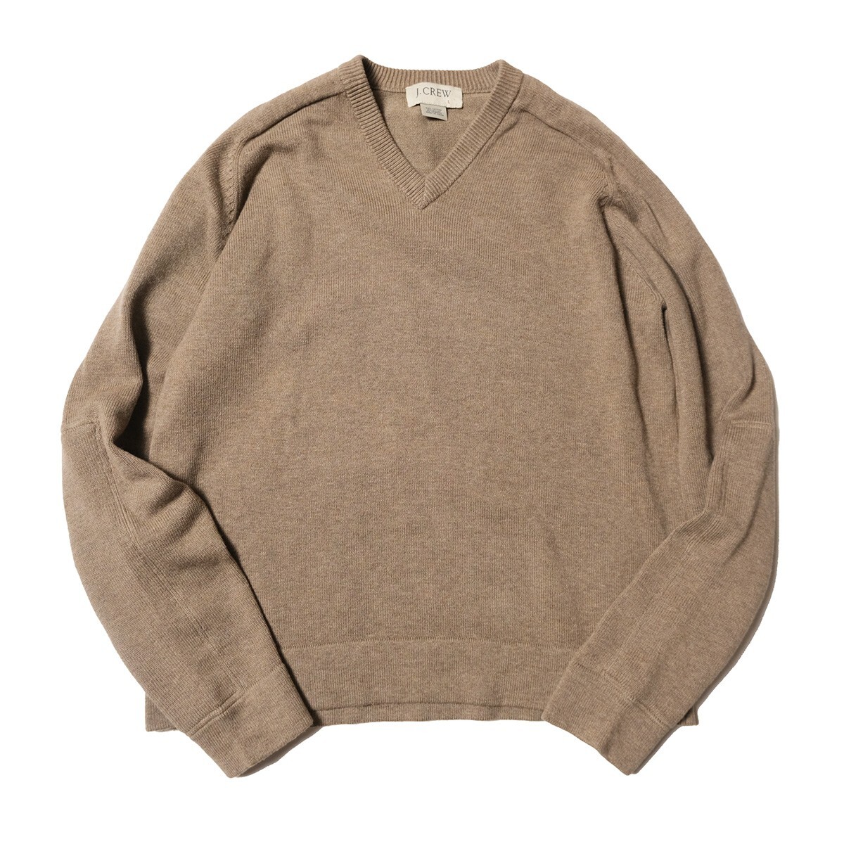 90's 00's Jクルー J.CREW Vネック コットン ニット セーター L タン 無地 エルボーパッチ ストレッチ 90年代 00年代 旧タグ オールド Y2K拍卖