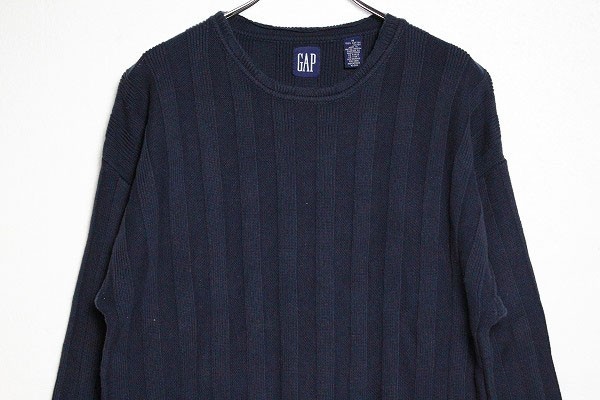 90's ギャップ GAP クルーネック コットン ニットセーター 紺 (M) ネイビー 無地 ストライプ編み リブ無し 90年代 オールド 旧タグ 青タグ拍卖
