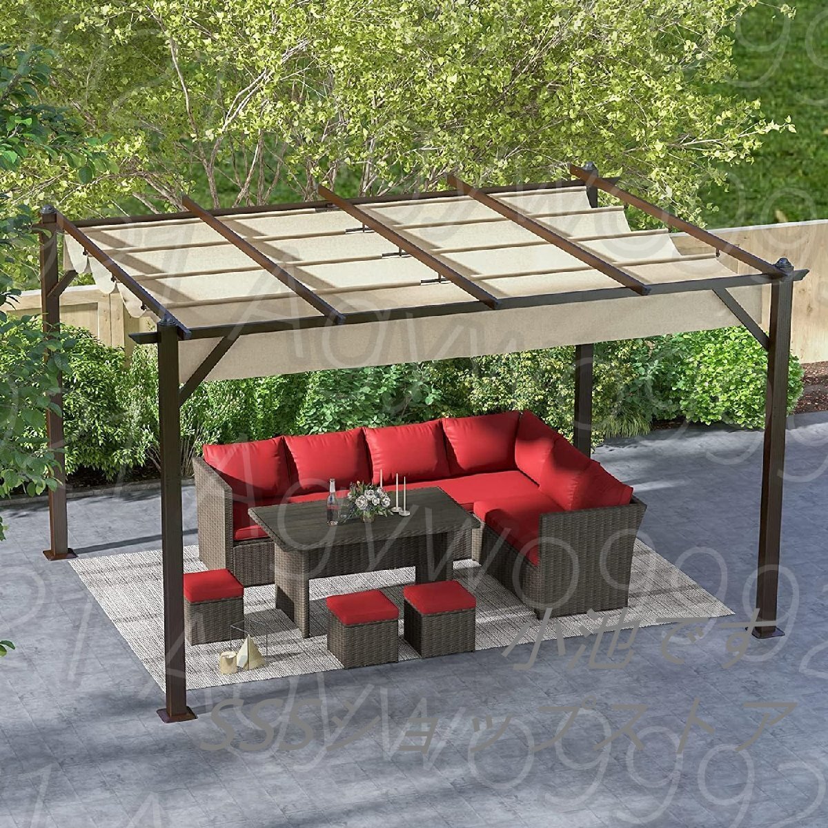 格納式カーポート、屋外ガゼボ高耐久ガレージカーシェルター、サンシェードキャノピー付き、ガーデンポーチ裏庭用、3x4M拍卖