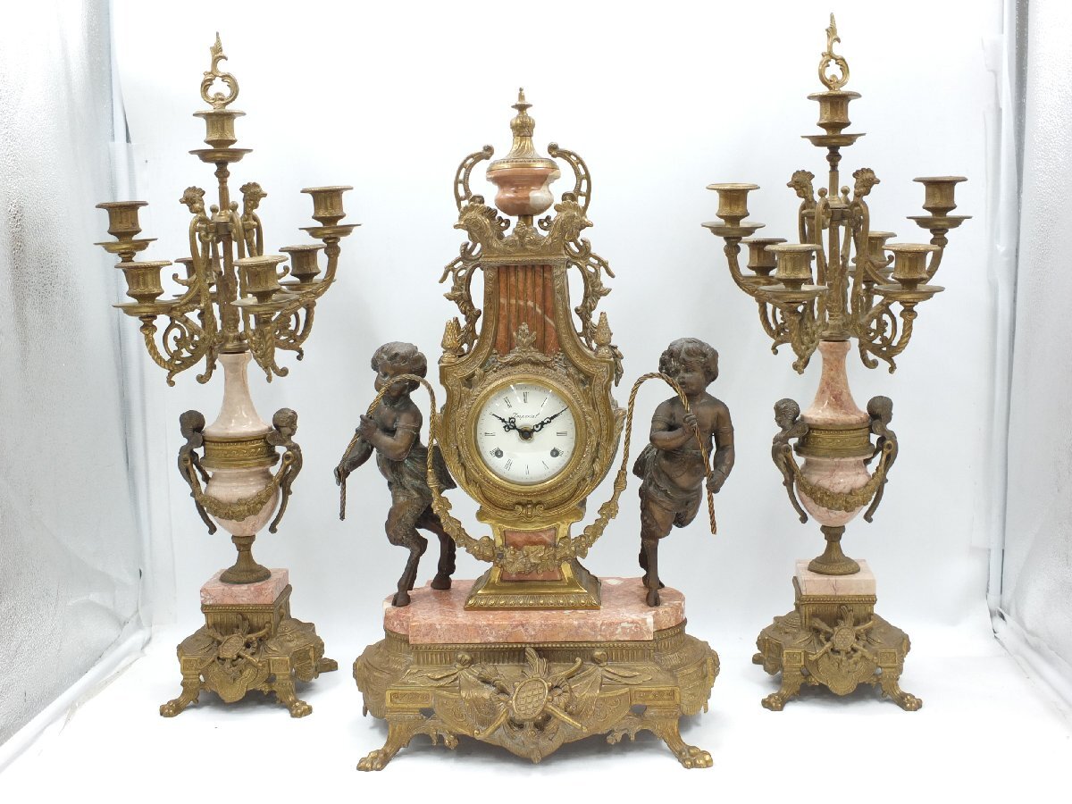 【z30847】埼玉発 着払いイタリア製 Imperial インペリアル 高級置時計 燭台一対 3点セット 手巻き式 真鍮 大理石 天使彫刻 アンティーク拍卖
