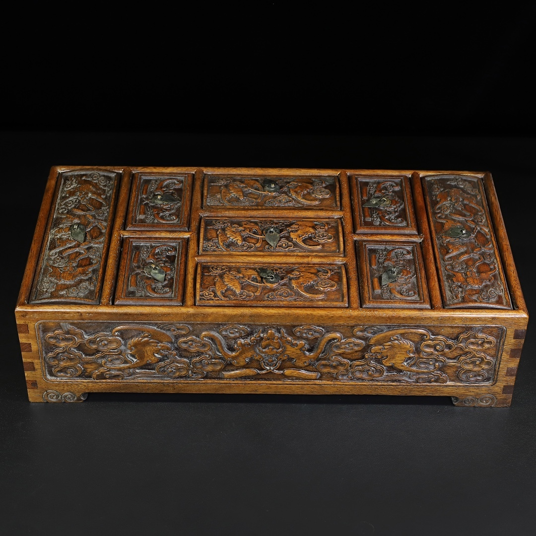 旧蔵 清 花梨木 満工彫刻 九宮格 多宝箱 中国古玩 古美術 骨董品 203-23拍卖