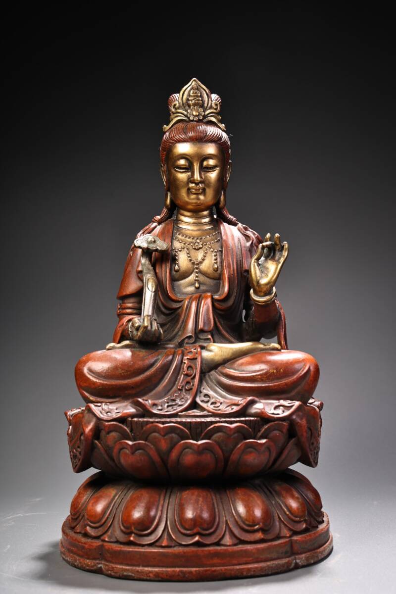 旧蔵 清 純銅 紅銅 高浮彫 鏨刻工藝 塗金塗銀 座如意觀音菩薩 仏像一尊 仏像 奉納されていた 供養品 極細工 中国古玩 古美術 骨董品 203-12拍卖