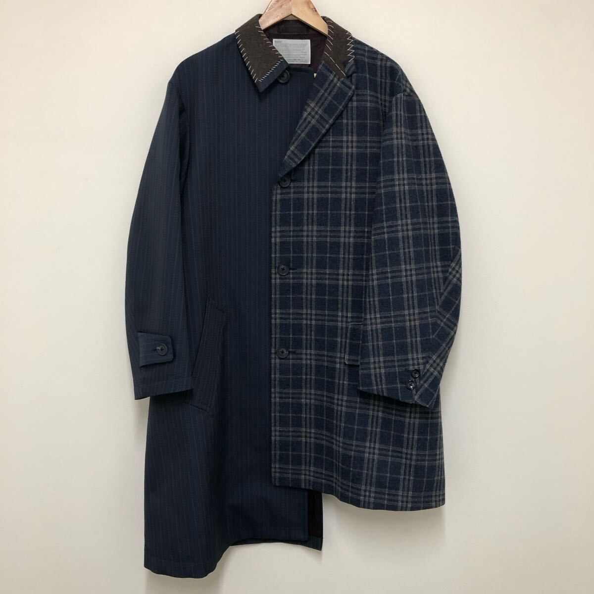 (27)kolor ドッキングコート 2021年 ネイビー 紺 ストライプ チェック 1 S位 カラー コート 21WCM-C08104S ウール拍卖