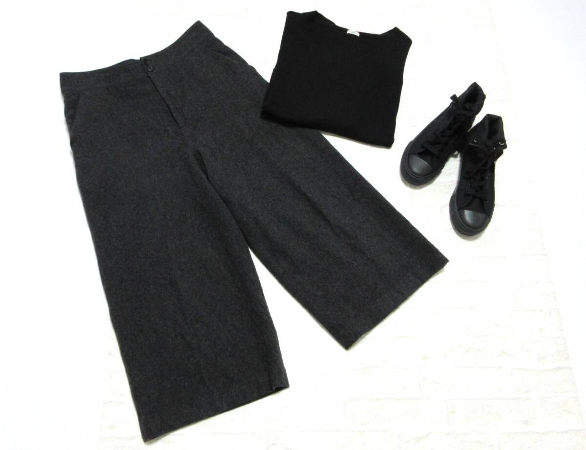 送料込み agnes b. アニエスベー グレー ウール 8分丈 ワイド パンツ ( 日本製 毛100% 軽量 暖かい 防寒 ゆったり ラク ボトム ズボン 拍卖