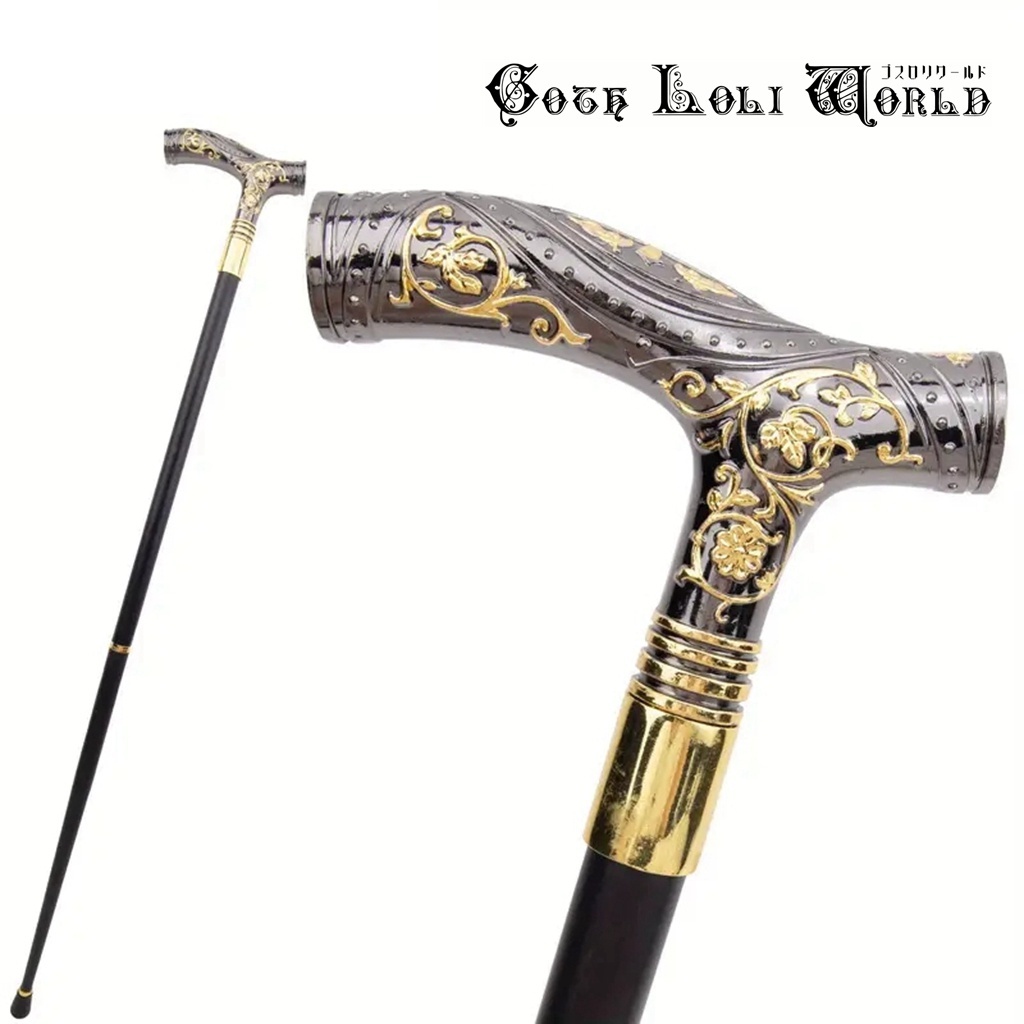 即納 AS035 ゴールド花柄 紳士 ステッキ 杖 つえ 黒金色 高級 金属 ファッション ゴシック パンク ロック ビジュアル系 ヴィジュアル系拍卖