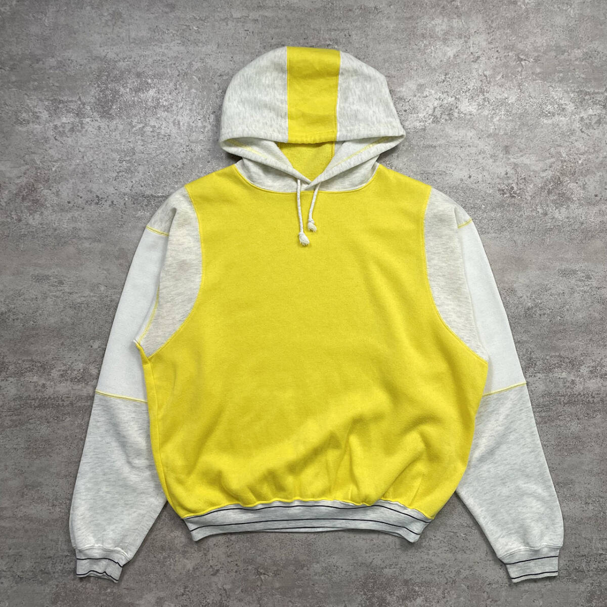 ノーブランド カラーブロック 黄 レモンイエロー プルオーバー フーディー サイズ XL拍卖