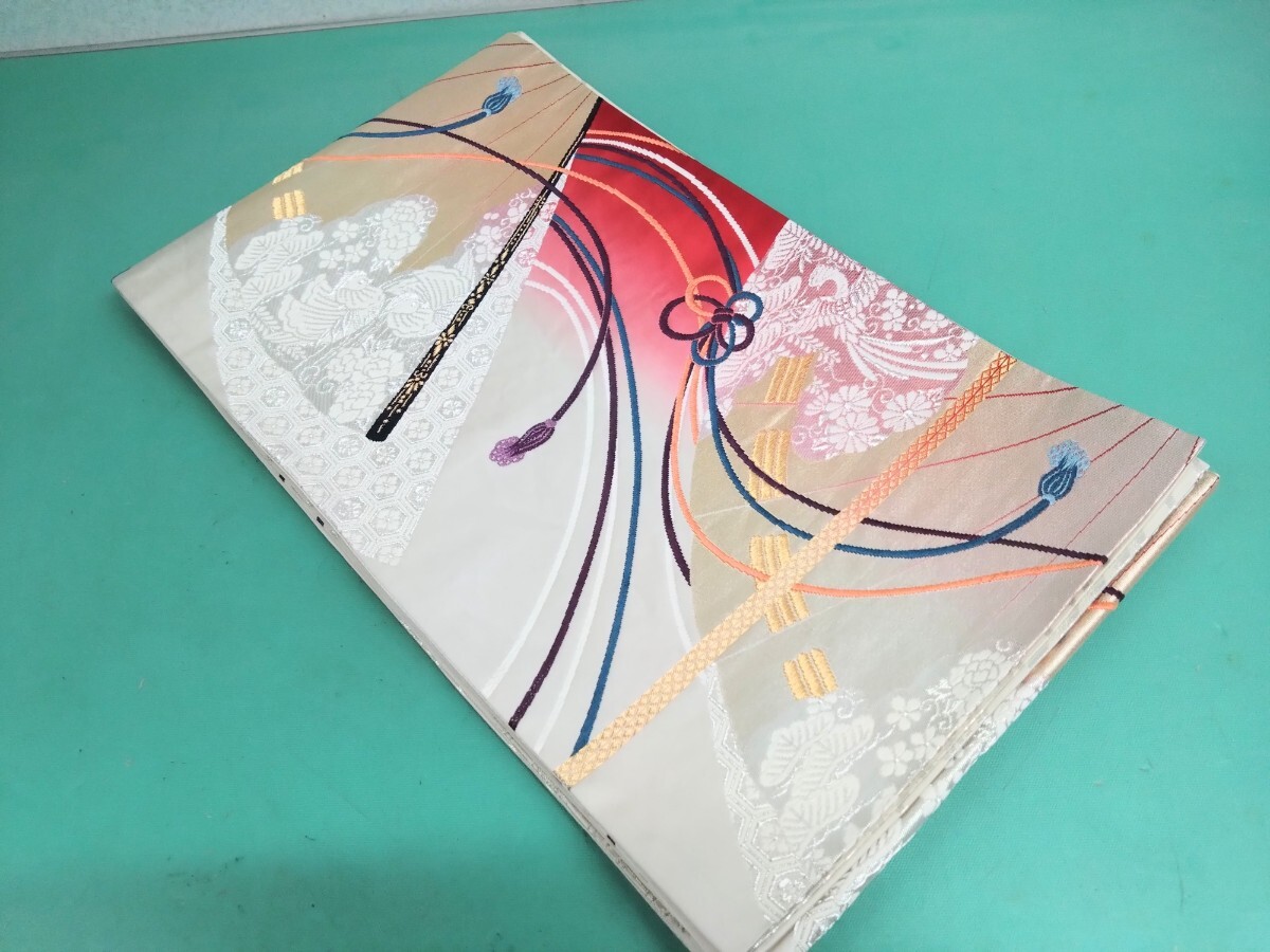 ●68 レトロ 高級 袋帯【扇面組紐紋】雅 煌 金彩 銀彩 赤 ピンク 花鳥 扇 鳳凰 鴛鴦 紫 青 オレンジ 組紐 模様 文様 リバーシブル 中古 ③拍卖